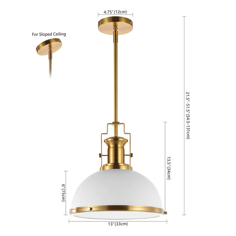 13 Inch Brass Gold And White Modern Industrial Iron LED Dome Pendant Light With Adjustable Hanging Fixture For Kitchen Island Or Entryway White Metal Shade LED Bulb Included Slick And Functional with dimensions overlay