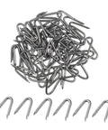 U Shaped Garden Stakes And Fixing Nails Set For Fences And Ground Anchors Pro Grade 100 Piece U Nails in silver color.