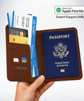 Straight Up The No Sweat Apple Find My Compatible Passport Holder With Built In Tracking And Mfi Certification Featuring Heavy Duty Rfid Shielding Plus A Three Year Rechargeable Battery For Super Smooth Trips In Brown open with passport and cards inside.