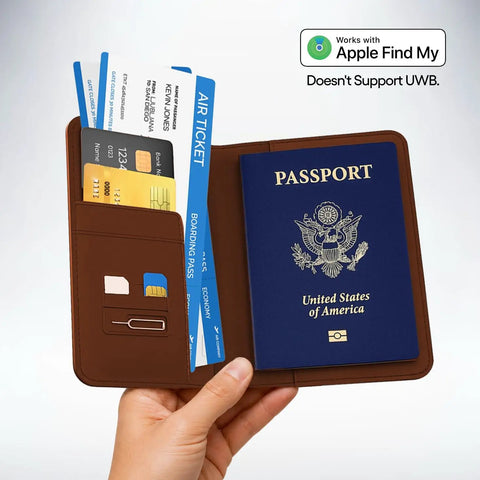 Straight Up The No Sweat Apple Find My Compatible Passport Holder With Built In Tracking And Mfi Certification Featuring Heavy Duty Rfid Shielding Plus A Three Year Rechargeable Battery For Super Smooth Trips In Brown open with passport and cards inside.