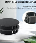 50 Pack Black Plastic Hole Plugs Half Inch 13 Mm Flush Type Snap In Locking Tube Plugs displayed on table with close-up view