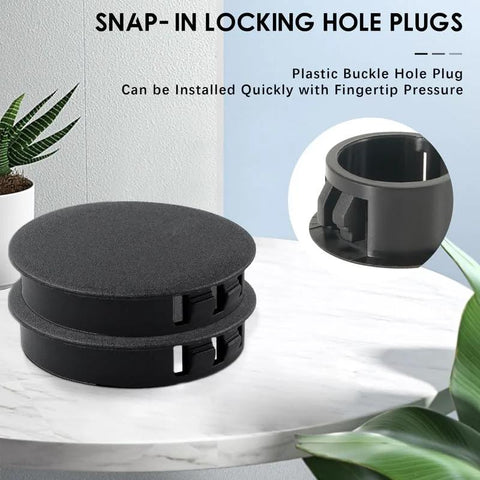 50 Pack Black Plastic Hole Plugs Half Inch 13 Mm Flush Type Snap In Locking Tube Plugs displayed on table with close-up view
