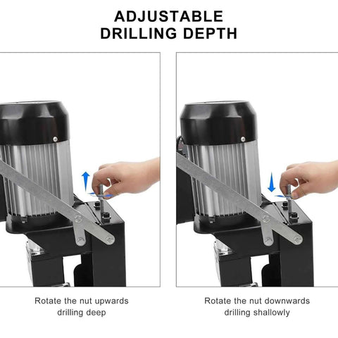 Electric hinge drilling machine with adjustable depth; two views show front and side, black motor, silver ribbed body.