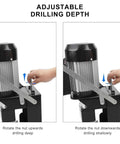 Front view of hinge drilling machine with 0-40 mm adjustable drilling depth, black motor housing and silver ribbed body.