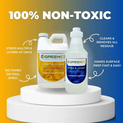 Two bottles of GREENEZ furniture stripper and finishing cleaner, showcasing Heavy Duty Paint Varnish Remover Gel Strips Epoxy And Wood Stains From Furniture And Decks Fast With A No Sweat Soy Based Formula That Does The Heavy Lifting Without Harmful Fumes Left Behind Now.