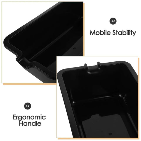 Close-up of Heavy Duty Plastic Oil Drain Pan For Garage Work Universal Fluid Catcher Tray with ergonomic handle.