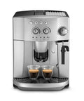 No Fuss Fully Automatic Coffee And Espresso Machine Featuring Silent Grinder with dual cups of espresso.