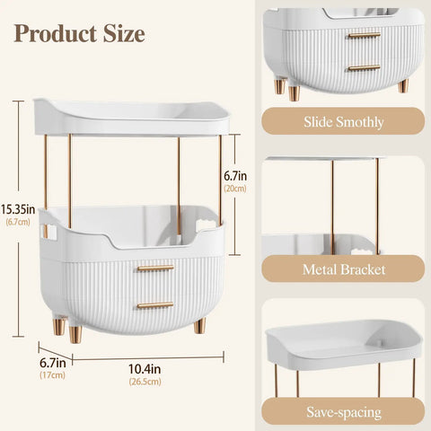 Four Tier White Makeup Organizer With Sleek Gold Handles Is A Total Game Changer For Bathroom Counter Storage Keeps Cosmetics Tidy Effortlessly And Never Misses The Mark; shows size dimensions and features like sliding smoothy and save-spacing.