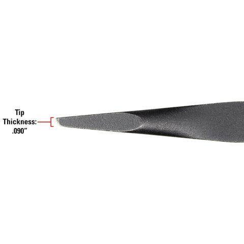 Close-up of Dominator 12 Inch Straight Screwdriver Pry Bar tip showing .090 inch thickness with black oxide finish.