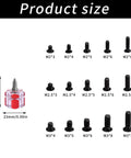 Size chart of screw types and screwdriver in 450 Piece Eyewear Repair Kit With Tiny Screws And Screwdriver Perfect For Glasses Sunglasses Watches.