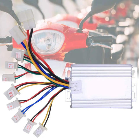 Beefy 500W Brushed Motor Controller For 36V Electric Bikes With Aluminum Alloy Housing And Heat Dissipation Grooves shown with connectors