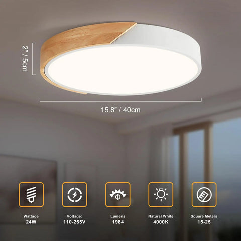 Modern LED Ceiling Light With Wood Flush Mount Design, Circular Lighting Fixture With Acrylic Lampshade, 15.8 Inch Diameter