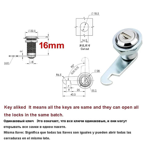Adjustable Cam Lock Set 16mm for outdoor mailboxes and furniture with technical specifications diagram.
