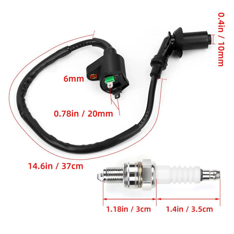 Race Ready Ignition Coil With Two Spark Plug Wires Replacement Kit For 50cc 80cc 90cc 125cc And 150cc Engines with measurements shown