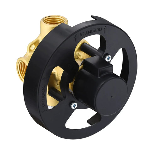 Pressure Balancing Shower and Tub Valve for Universal Shower Trim Kit Brass Construction Built for Durability Includes Complete Rough In Assembly for Easy Fast Installation and No Drama Leak Free Performance, black mounting frame
