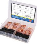 Top Shelf Open Barrel Copper Ring Lug Terminals And Heat Shrink Tubing Assortment Kit for auto battery cables in clear storage case.