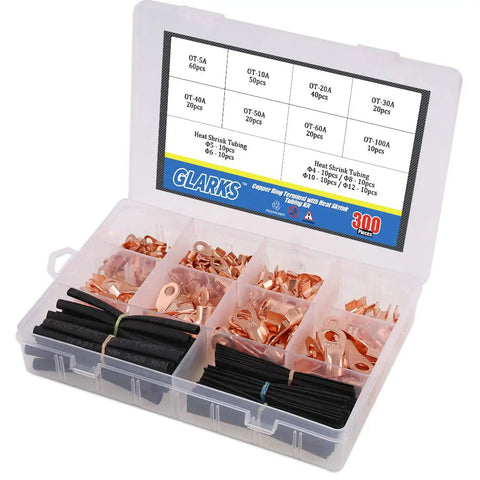 Top Shelf Open Barrel Copper Ring Lug Terminals And Heat Shrink Tubing Assortment Kit for auto battery cables in clear storage case.