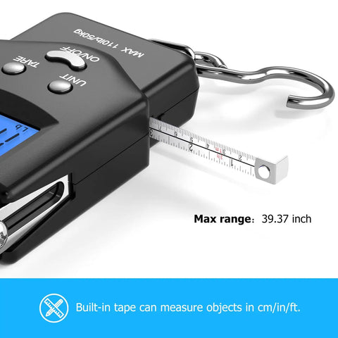 Pocket Size Fishing And Luggage Scale With Built In Tape And Backlit LCD Display 110 Lb 50 Kg Digital Weighing Scale with tape extended