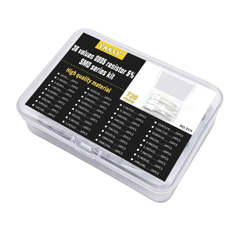 SMD Resistor Kit 0805 1R To 10M Ohm 1/8W Thick Film SMT Chip Resistors in labeled plastic box, 720 pieces, 36 values