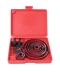 Ultimate 16-Piece Hole Saw Kit Made From Heavy Red Steel For Cutting Wood PVC Pipe And Plastic Boards Perfect For Pro Work Or Serious DIY Home Projects To Make Any Cut Look Totally Rad And Professional. 16-piece red steel hole saw kit in case with mandrels and pilot bit