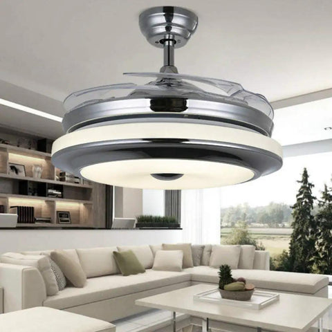 36 Inch Invisible Ceiling Fan With Remote Control, Retractable Clear Blades, in a modern living room setting with natural light.