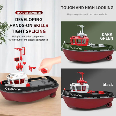 RC Tugboat For Adults 1 To 72 Scale Electric Remote Control Boat With 2.4 GHz Controller shown in black and dark green colors.