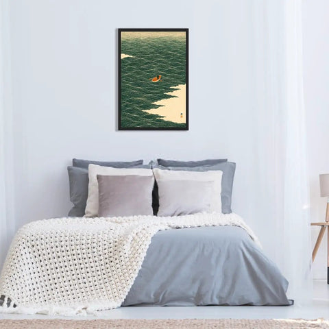 Ocean Rowing Boat Canvas Print Framed In Black 12 By 18 Inches above bed in minimalist bedroom