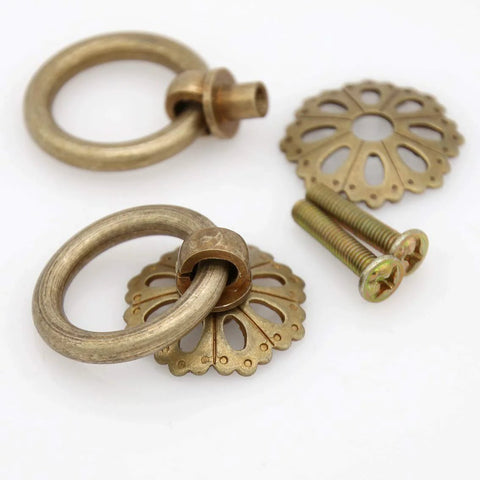 Set Of 6 Vintage Antique Brass Ring Pulls For Cabinets With Hollowed Dome Base And Flower Like Design Pure Solid Brass 1.2 Inches
