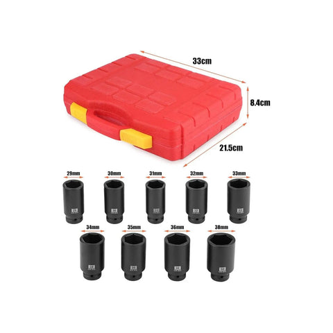 9 Piece Deep Impact Socket Set For Car Wheel Hub Nuts 29mm To 38mm Hex Drive Tool Kit With Tough Ratchet For Heavy Duty Axle Mech Fixin' in red case