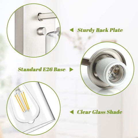 Focus on components of Set Of 2 Brushed Nickel Wall Sconces For Bathroom And Hallway Modern Farmhouse Vanity Lights With Clear Glass Shade Waterproof Wall Mount Lanterns For Bedroom And Living Room