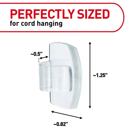 Damage Free Round Cord Clips Set With 13 Clear Clips and 16 Strips For No Tools Wall Mounting shown with size dimensions