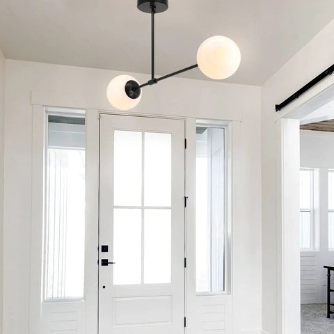 Two Light Globe Semi Flush Ceiling Light In Matte Black With White Glass Shades in modern entryway