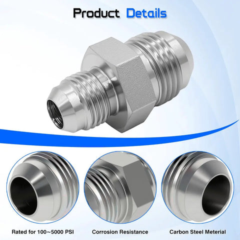 Straight Hydraulic Hose Connector Three Eighths Inch JIC Male To One Quarter Inch JIC Male 37 Degree Flare Adapter For Leak Free Hydraulic Lines And Quick Leak Proof Connections In O Ring Boss Systems, carbon steel