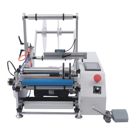 Top Tier Semi Automatic Round Bottle Labeler With Quick Adjustments For 20 To 120Mm Sizes showcasing a durable iron design and control panel.