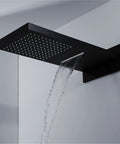 Slick Black Wall Mounted Thermostatic Shower System Featuring Heavy Duty Rainfall Head And Adjustable Handheld Sprayer No Fuss Push Button Switch For A Smooth Bathroom Game Changer, showcasing a modern black rainfall shower head with water flow.