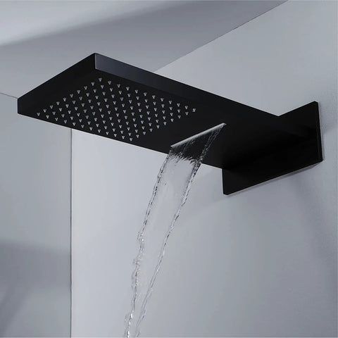 Slick Black Wall Mounted Thermostatic Shower System Featuring Heavy Duty Rainfall Head And Adjustable Handheld Sprayer No Fuss Push Button Switch For A Smooth Bathroom Game Changer, showcasing a modern black rainfall shower head with water flow.