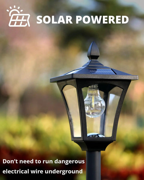 Close-up of solar powered 64 Inch Solar Lamp Post Light With Planter, showcasing weatherproof design against blurred garden.