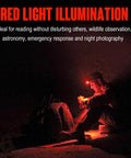 User wearing hands free headlamp with adjustable lighting modes, 165 lumen, battery powered, sitting in red light for night work