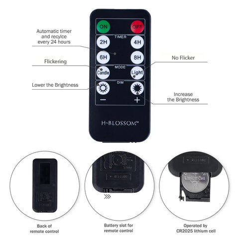 Remote control for Flickering Flameless LED Candles Real Wax Pillar Set Of 6 with brightness and timer functions displayed