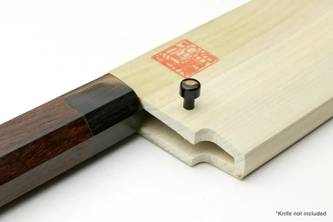 Natural Magnolia Wood Saya Cover For Deba Knife 6.5 Inch With Safety Pin Dope Handcrafted Japanese Wooden Sheath close-up.