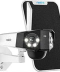 Outdoor Wireless Dual Lens Security Cam With 2K Solar Power, 150 Degree Field Of View, showing camera and solar panel
