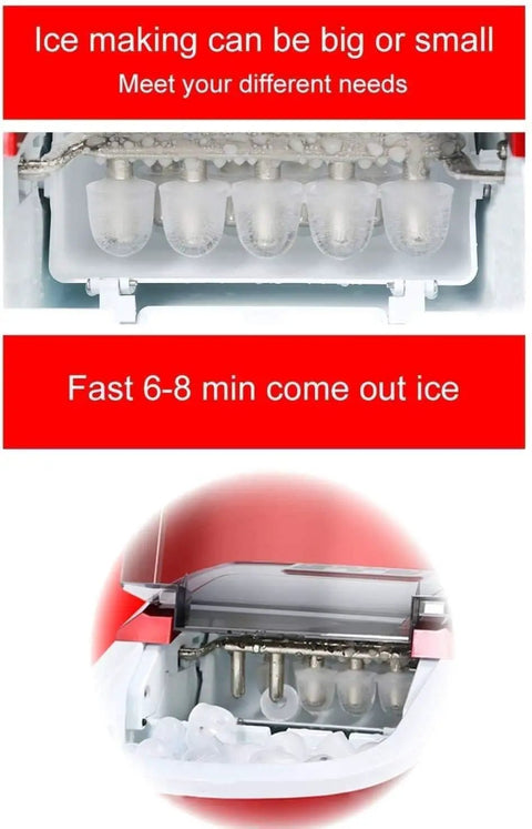 Sleek Countertop Ice Machine Cranking Out Thirty Three Pounds Of Snap Frozen Cubes In Six Minutes With Dual Sizes And No Sweat Setup For Weekend Bashes showing ice-making mechanism and ice cubes.