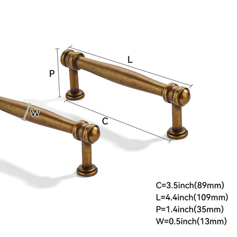 2 Pack 3-1/2 Inch Center to Center Antique Brass Cabinet Pulls showing dimensions with durable construction for cabinets and drawers