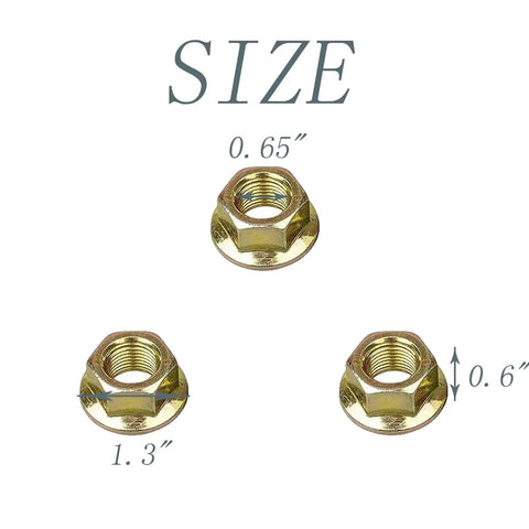 Triangular arrangement of 5/8-18 hex flange lock nuts with size dimensions in image. Five Eighths Inch By Eighteen Thread Blade Lock Nut Kit Three Pack For Lawn Mower Spindle And Deck Hex Flange Lock Nut Fits Popular Mower Brands And More Secure Blade Attachment For Reliable Cutting.