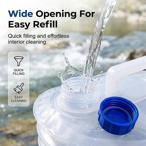 Foldable Water Jug With Spigot For Camping And Travel, wide opening being filled with water for easy refill and cleaning