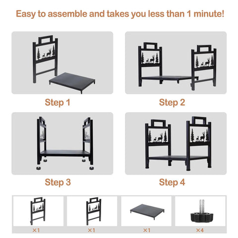 Assembly guide for Beefy Heavy Duty Steel Firewood Rack For Indoor And Outdoor Use Log Holder with no screw pluggable setup.