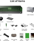 List of items included with 10W Laser Engraver With Air Assist And Honeycomb Bed For Wood And Metal, including laser module and accessories.