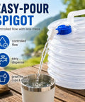 Foldable Water Container With Spigot For Camping And Hiking, pouring into cup, showcasing easy pour feature outdoors
