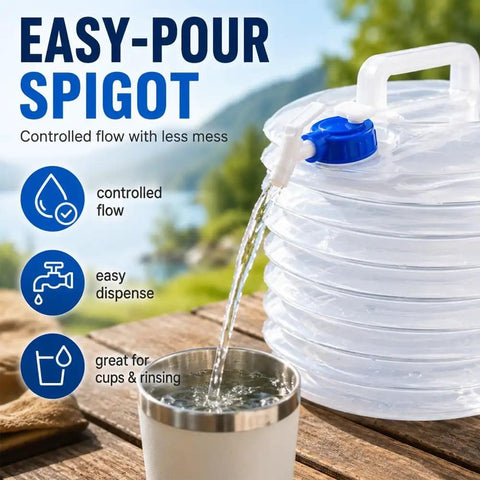 Foldable Water Container With Spigot For Camping And Hiking, pouring into cup, showcasing easy pour feature outdoors