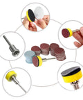 All In One Pro Grade 100 Piece 1 Inch Sanding Discs Kit With One Eighth Inch Shank For Dremel Rotary Tool and accessories displayed